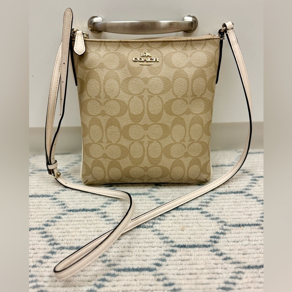 COACH Signature Beige/White Monogram Logo North South Adjust. Strap Crossbody - Picture 1 of 16